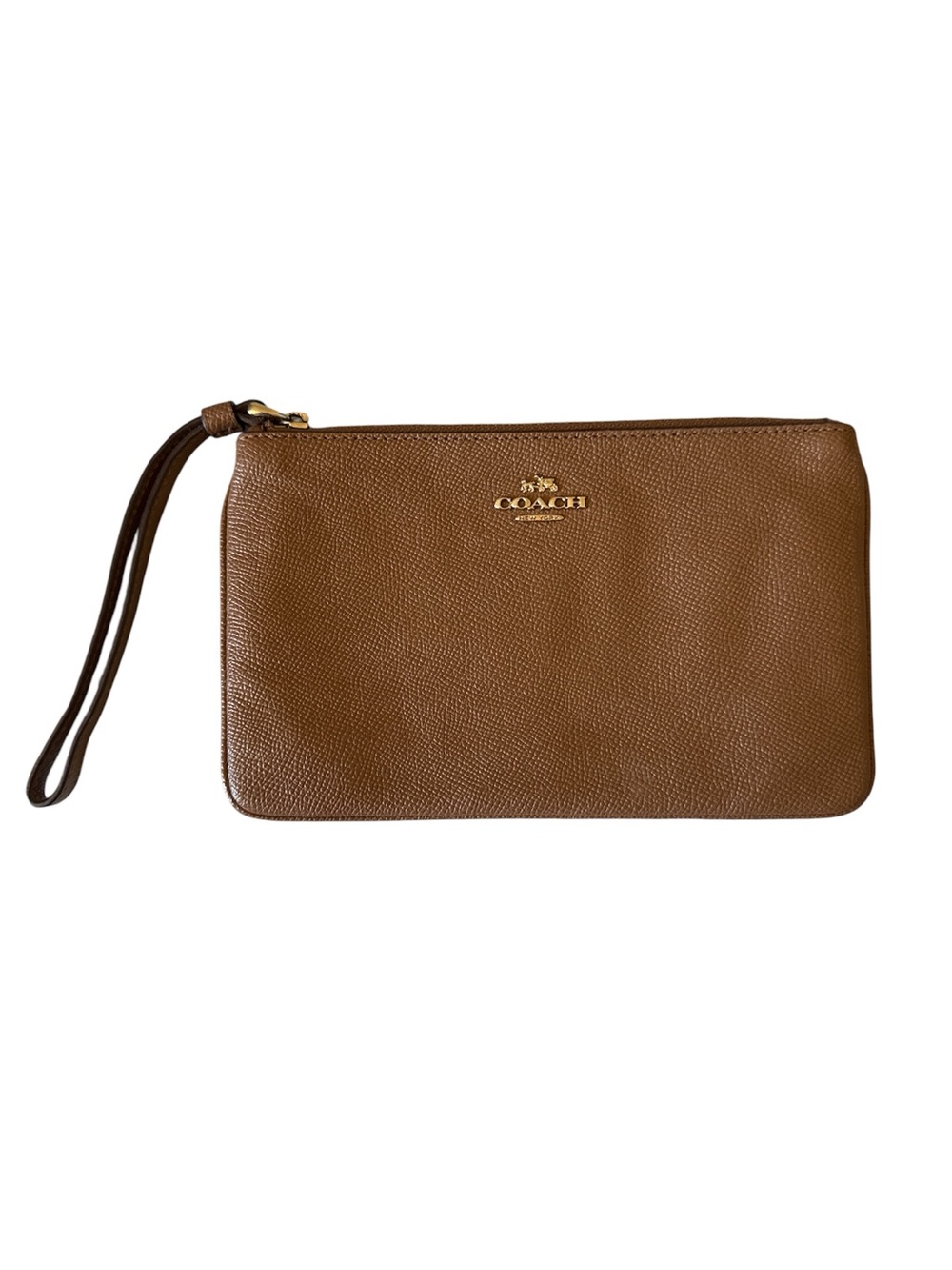 Coach Pebbled Leather Wristlet in Saddle Brown with Gold Logo